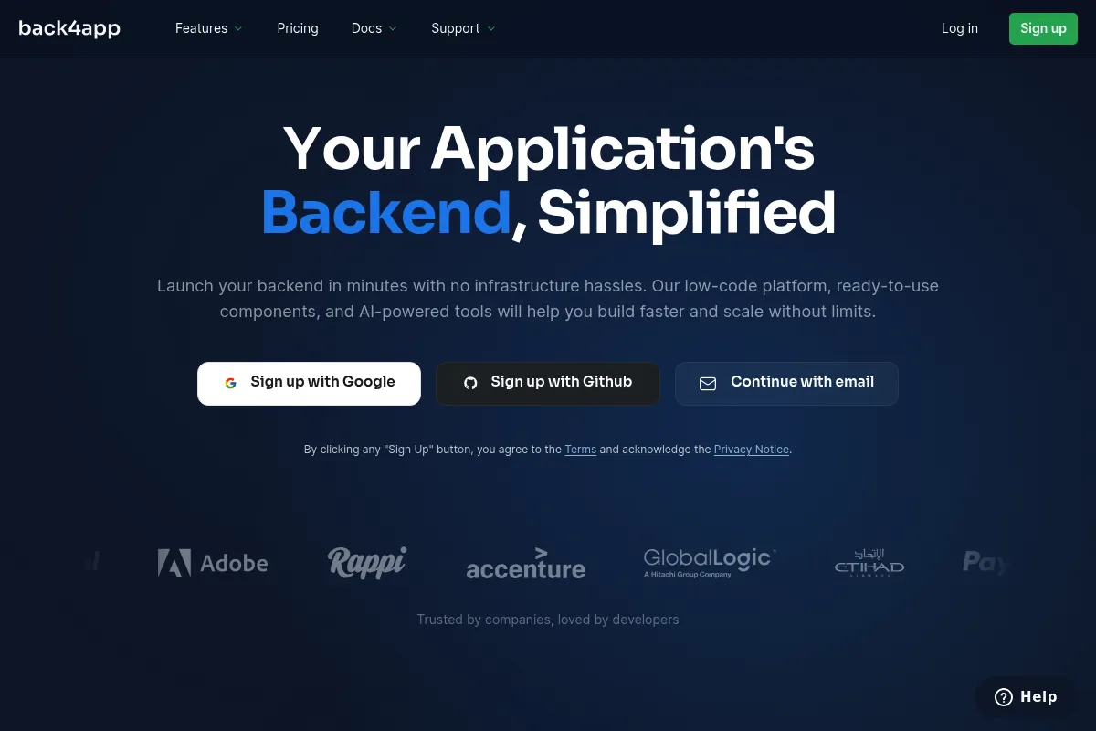 Back4App website preview