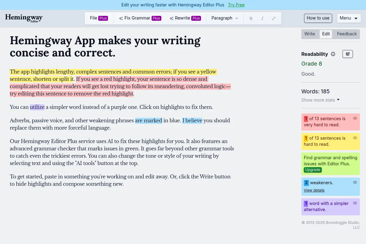 Hemingway Editor website preview