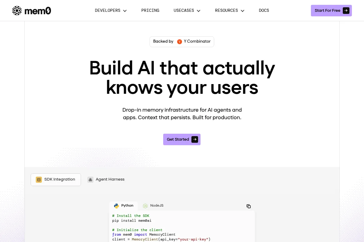 Mem0 website preview