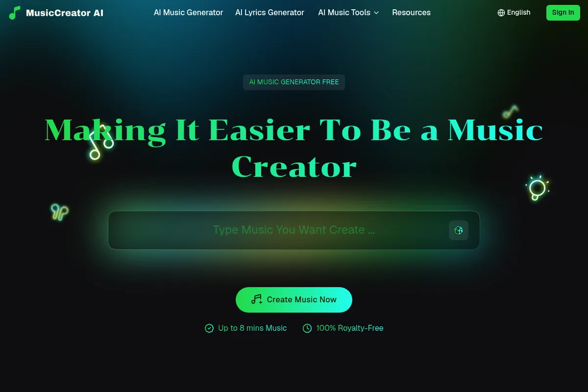 MusicCreator AI website preview