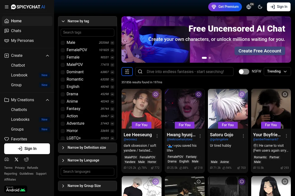 SpicyChat AI website preview
