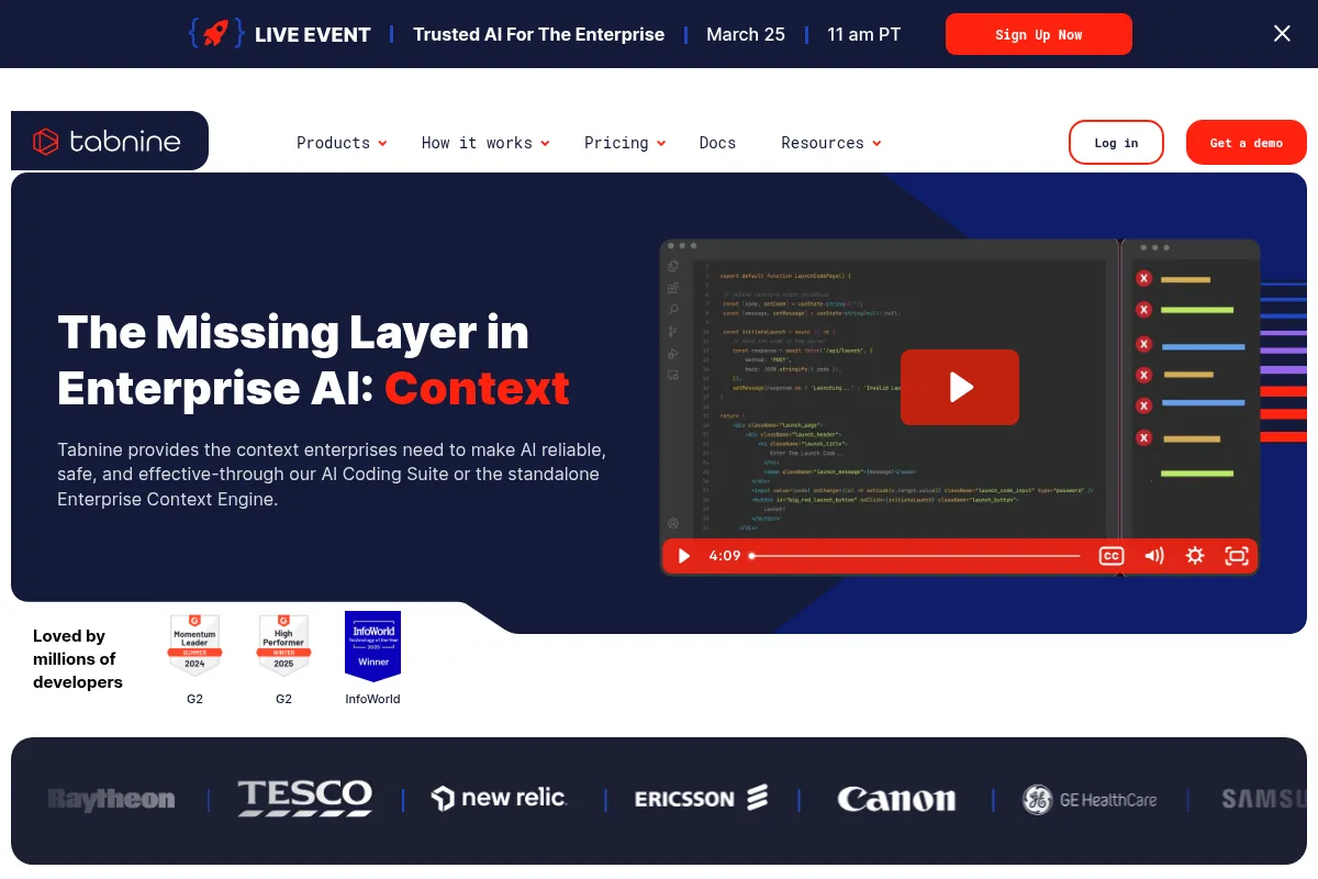 Tabnine website preview